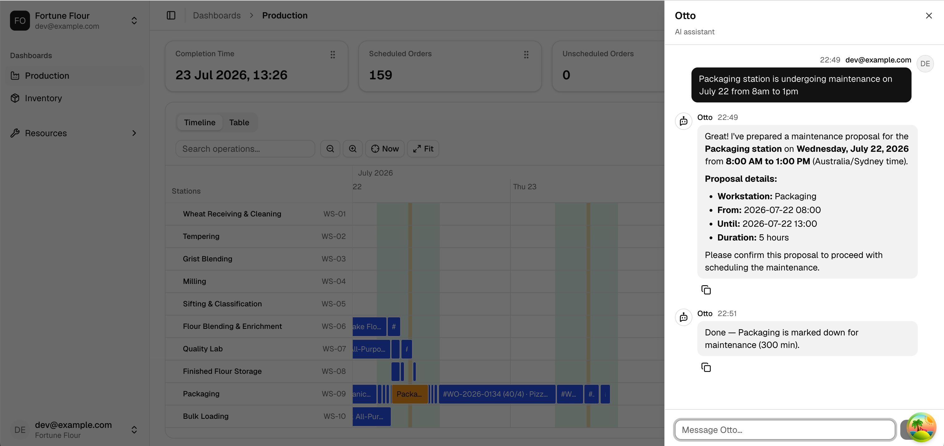 The Otto production scheduling app — view 2